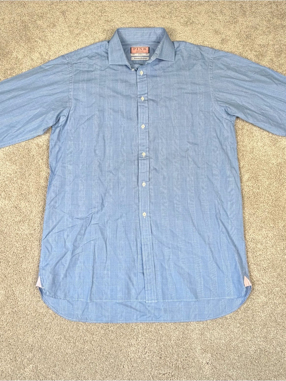 Thomas PINK Superfine Two Fold Blue Check French Cuff Dress Shirt Neck 15.5 34in